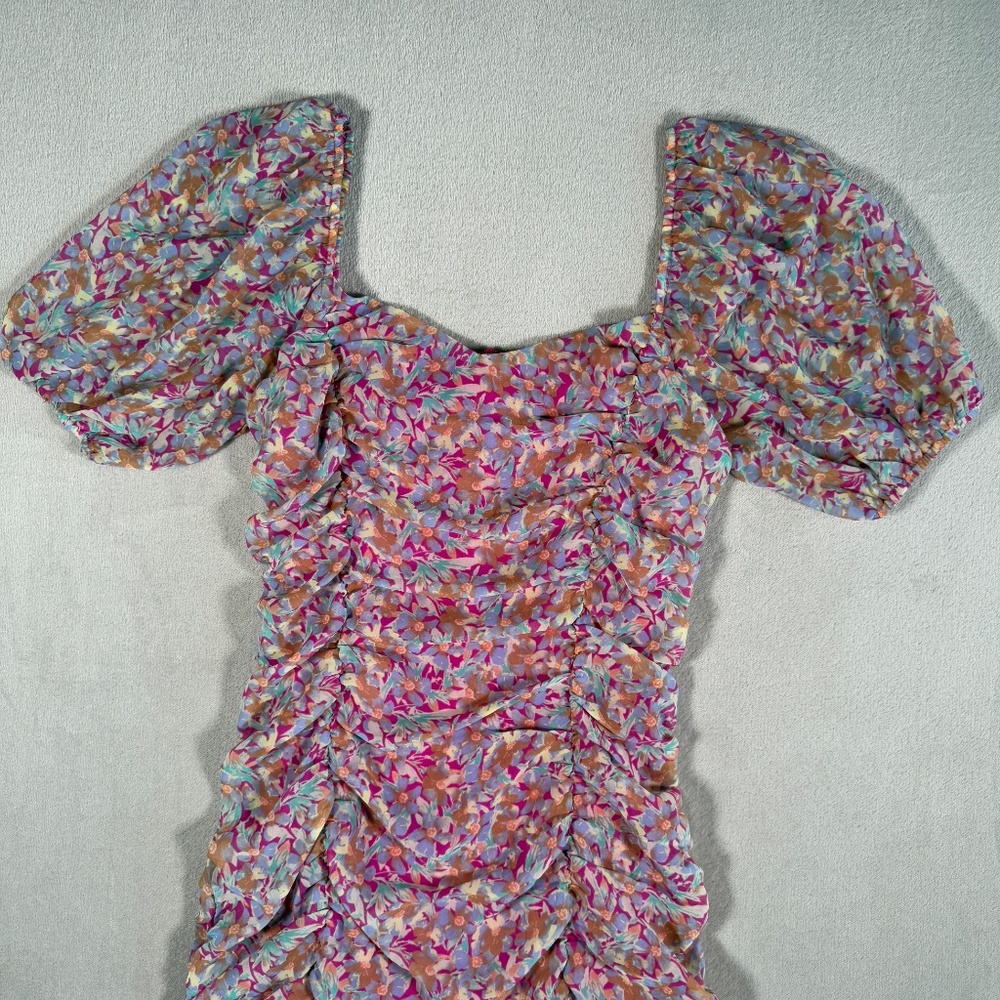 Lush Dress Womens Medium Floral Multicolor Ruched Puff Sleeve Sweetheart Mini - Picture 2 of 12